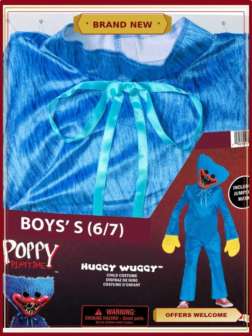 Huggy Wuggy Halloween Costume Boys Size S 6/7 Jumpsuit Mask Mittens